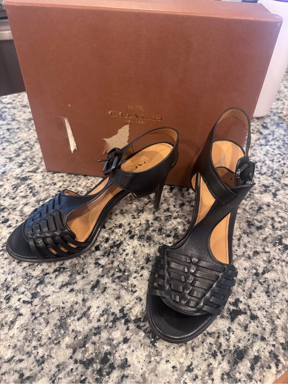 Coach Black Woven Leather Slingback Heels
